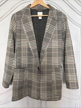 H&M Women’s Plaid Blazer Neutral Check Open Front 1 Button Jacket Fall Size 12